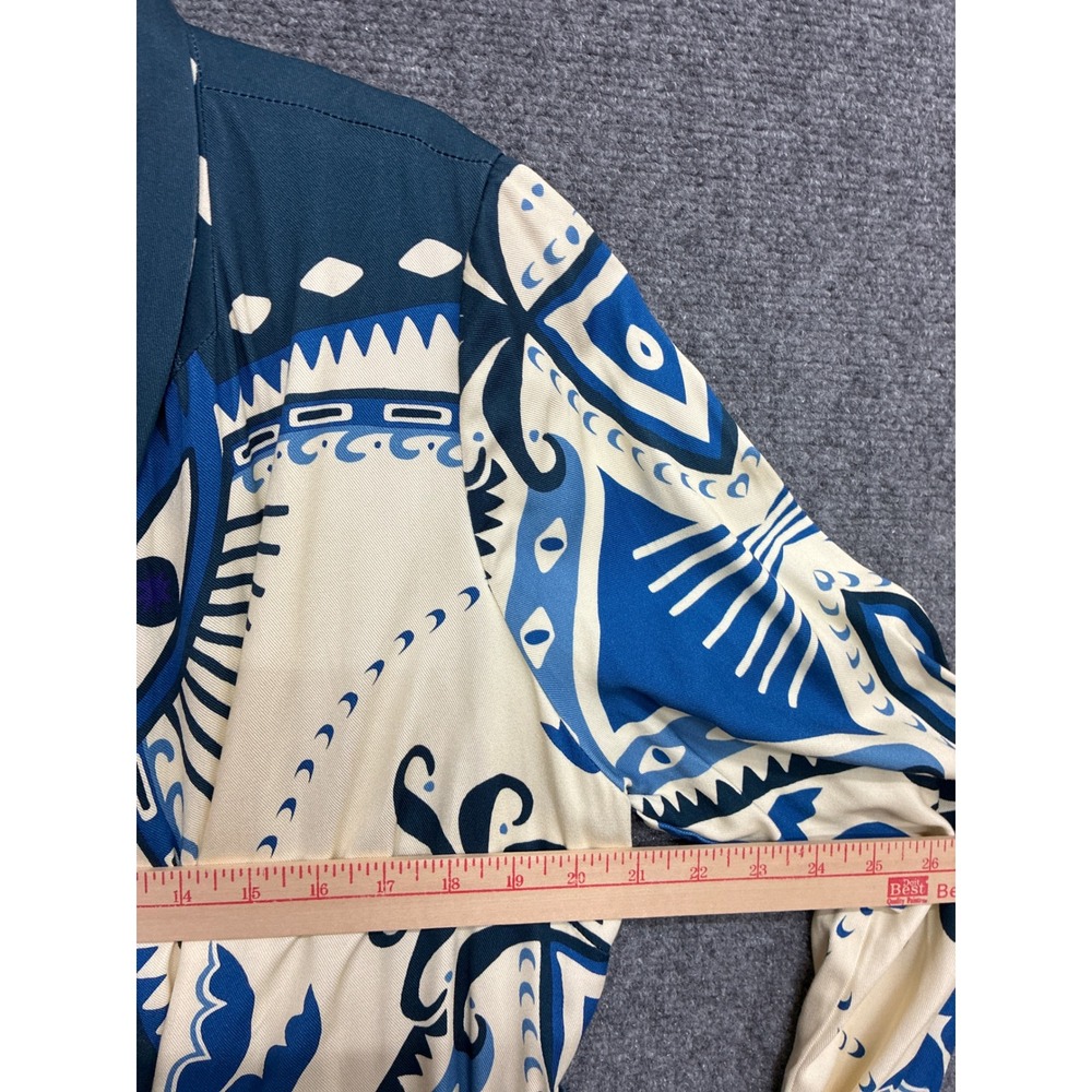 Farm Rio for Anthropologie Blue Graphic Print Wrap Mini Dress NWT Size L - Picture 5 of 8